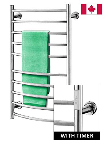 Towel Warmer | Built-in Timer with Led Indicators | 3 Timer Modes: ON/Off, 2 H, 4 H | Wall Mounted | 10 Curved Bars | High Polish Chrome Stainless Steel |