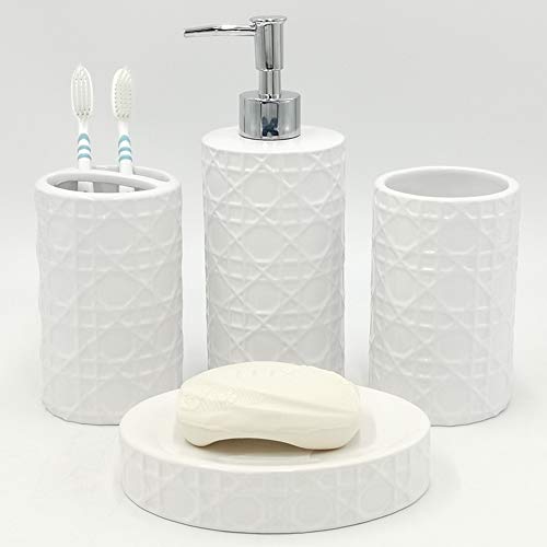 CAA'S Bathroom Accessories Set Ceramic 4 Pieces Bathroom Ensemble for Bath Decor Includes Lotion Dispenser Toothbrush Holder Tumbler Soap Dish (White Netting)