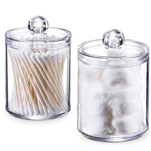 SheeChung Qtip Dispenser Apothecary Jars Bathroom - Qtip Holder Storage Canister Clear Plastic Acrylic Jar for Cotton Ball,Cotton Swab,Q-Tips,Cotton Rounds (2 Pack of 10 Oz.，Small)