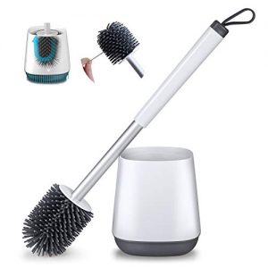 POPTEN Toilet Brush and Holder Set for Bathroom with Aluminum Handle & Soft Silicone Bristle Sturdy Cleaning Toilet Bowl Brush Set Cleaner for Bathroom Storage and Organization – White