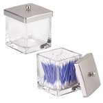 mDesign Modern Glass Square Bathroom Vanity Countertop Storage Organizer Canister Jar for Cotton Swabs, Rounds, Balls, Makeup Sponges, Bath Salts - 2 Pack - Clear/Brushed
