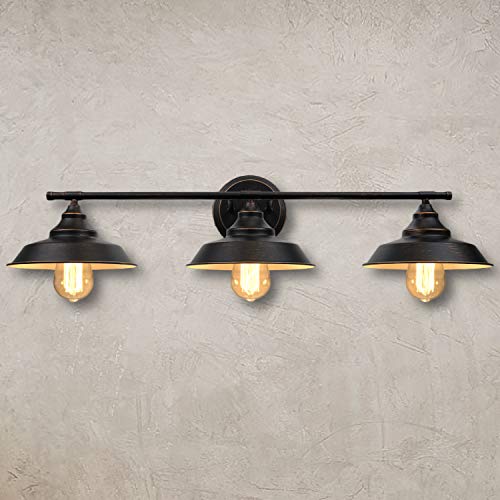 Bathroom Vanity Light 3-Light Wall Sconce, Industrial Wall Mount Lamp Shade with E26 Base Socket, Farmhouse Rustic Style Vintage Lighting Fixture for Bathroom Kitchen Living Room, Dark Bronze