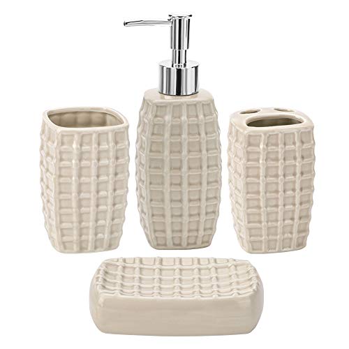 JOTOM Ceramic Bath Accessory Set Luxury Bathroom Accessories Set-4 Pieces with Decorative Hand Sanitizer Bottle,Toothbrush Cup,Toothbrush Holder,Soap Dish (Beige)