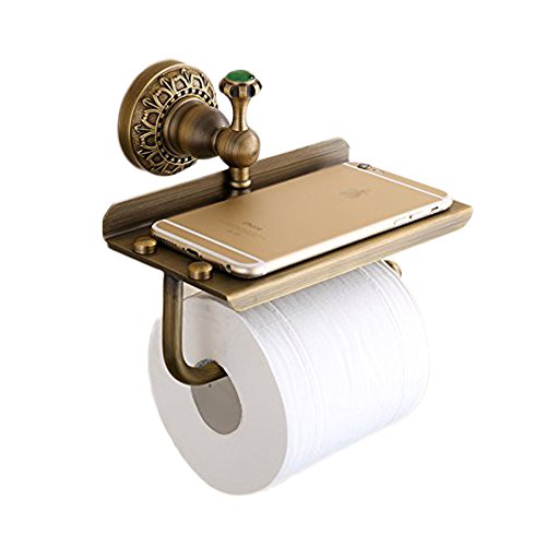 Beelee Bathroom Tissue Holder/Toilet Paper Holder Solid Brass Wall-Mounted Toilet Roll Holder, Toilet Paper Tissue Holder with Mobile Phone Storage Shelf Antique Brass Finished