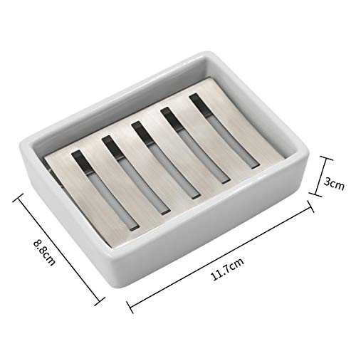 TOPSKY Ceramic Soap Dish Holder Stainless Steel for Bathroom TOPSKY Ceramic Cleaning soap Dish Holder Stainless Metal for Rest room, Double Layer, Self-draining Cleaning soap Tray, Say No to Mushy Cleaning soap, Simple Cleansing. (White).