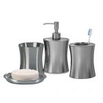 nu steel Elite Bath Accessory Set for Vanity Countertops, 4 Piece Luxury Ensemble Includes Dish, Toothbrush Holder, Tumbler, soap and Lotion Pump, Brushed Stainless