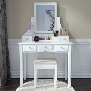 Amolife Makeup Vanity Table Set with Mirror, Drawers and Stool,Make up Table with 5 Drawers and Organizer, White