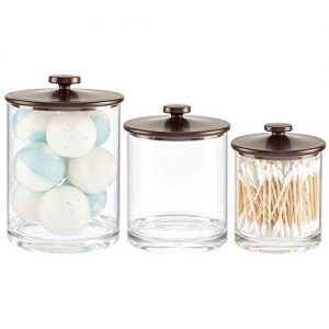 mDesign Modern Plastic Bathroom Vanity Countertop Storage Organizer Apothecary Canister Jar Set for Cotton Swabs, Rounds, Balls, Makeup Sponges, Bath Salts, Set of 3, Small/Medium/Large - Bronze/Clear
