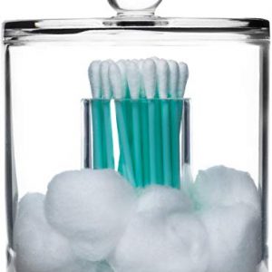Acrylic Cotton Balls Qtip Holder - clear bathroom decor apothecary canister jar dispenser & organizer with lid for vanity! Container for food candy & swab q tips makeup for easy cosmetic organization!