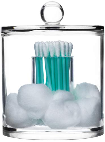 Acrylic Cotton Balls Qtip Holder - clear bathroom decor apothecary canister jar dispenser & organizer with lid for vanity! Container for food candy & swab q tips makeup for easy cosmetic organization!