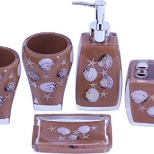 ChabaLine 5-Piece Brown Sea Bathroom Accessories Sets Complete Bath Ensemble of 2 Tumblers, Soap/Lotion Dispenser Pump Bottle, Toothbrush Holder, and Soap Dish