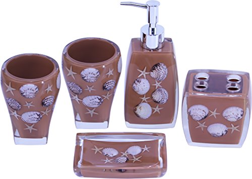 ChabaLine 5-Piece Brown Sea Bathroom Accessories Sets Complete Bath Ensemble of 2 Tumblers, Soap/Lotion Dispenser Pump Bottle, Toothbrush Holder, and Soap Dish