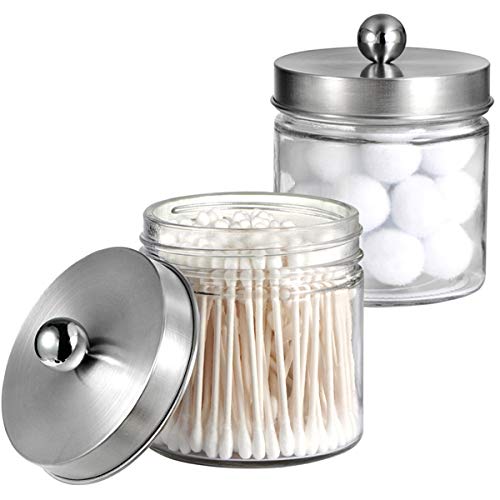 Bathroom Vanity Glass Storage Organizer Holder Canister Apothecary Jars for Cotton Swabs, Rounds, Balls, Qtips,Makeup Sponges, Flossers,Bath Salts - 2 Pack, Clear (Brushed Nickel)