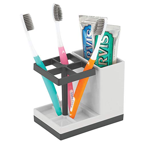 mDesign Decorative Plastic Bathroom Toothbrush and Toothpaste mDesign Ornamental Plastic Lavatory Toothbrush and Toothpaste Stand Holder - Dental Organizer with 5 Storage Compartments - Mild/Darkish Grey.