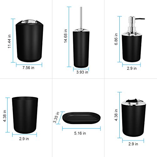MIKOSI 6 Piece Bathroom Accessories Sets,Bathroom Set MIKOSI 6 Piece Toilet Equipment Units,Toilet Set 6 Items Plastic Lotion Dispenser,Toothbrush Holder,Toilet Tumblers,Cleaning soap Dish,Trash Can,Bathroom Brush Set with Drawstring Trash Luggage (Black).
