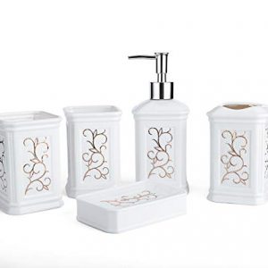 Longhang 5-Piece White Porcelain Ceramic Bathroom Accessories Set, Bath Decor Includes Liquid Soap or Lotion Dispenser Pump, Toothbrush Holder, Tumbler and Soap Dish, Ideas Home Gift