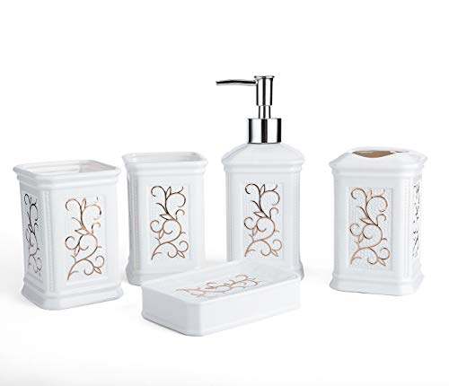 Longhang 5-Piece White Porcelain Ceramic Bathroom Accessories Set, Bath Decor Includes Liquid Soap or Lotion Dispenser Pump, Toothbrush Holder, Tumbler and Soap Dish, Ideas Home Gift
