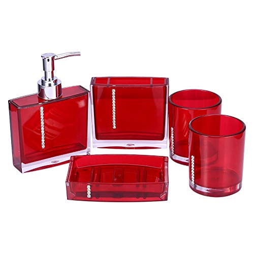 EBTOOLS 5pcs Acrylic Bathroom Accessories Set Luxury Bath Vanity Set with Cup Bottle Toothbrush Holder Soap Dish Liquid Soap Lotion Pump Dispenser Home Fashion (Red)
