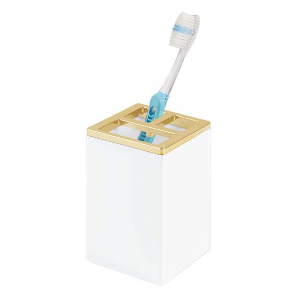 mDesign Decorative Plastic Bathroom Toothbrush and Toothpaste Stand Holder - Dental Organizer with 3 Storage Compartments for Bathroom Vanity Countertops and Medicine Cabinet - White/Soft Brass