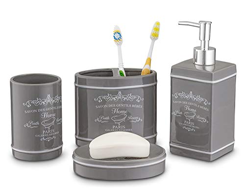Home Basics Paris Collection 4 Piece Bathroom Accessories Set, Bath Set Features Soap Dispenser, Toothbrush Holder, Tumbler, Soap Dish With Stylish Accent Decor To Complement Any Bathroom Gray/Slate