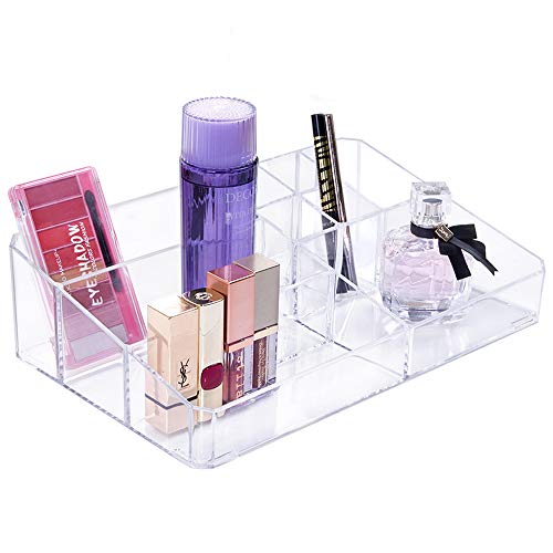 Benbilry Clear Makeup Organizer Tray, 9 Spaces Cosmetic Display Case Vanity Compartment Organizer Makeup Palette Brush Holder for Lipsticks, Makeup Brushes and Skin Care Products (9 Compartments)