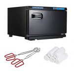 Houseables Hot Towel Warmer, UV Sterilizer, 11” x 17”, 1 Cabbie, 2 Pairs of Tongs, 5 Towels, Black, White, Red, Metal, Cotton, Steamer, Disinfection Light, For Spa, Salon, Barber, Facial, Massage