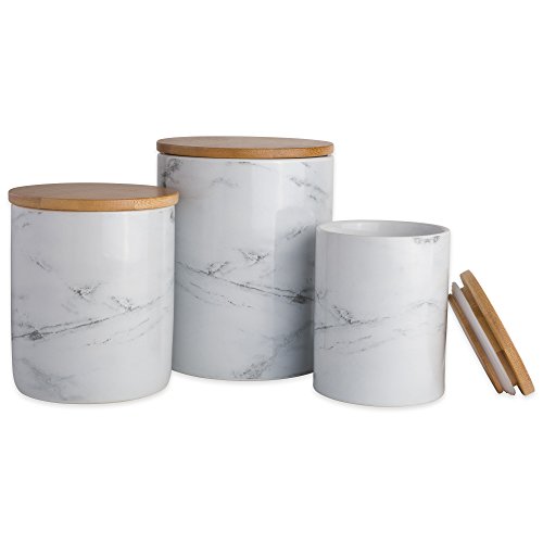 DII CAMZ38970 3-Piece Modern Ceramic Kitchen Canister with Airtight Bamboo Lid for Food Storage, (Assorted Sizes: 4.5x4.5x5.5, 4x4x4.5”, 3x3x4”), White Marble