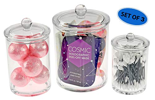 Home-X Set of 3 Apothecary Jars, Cotton Ball & Swabs Holder, Bathroom Storage, Crystal Clear Acrylic Container with Lid-24 oz.-12 oz.-5 oz