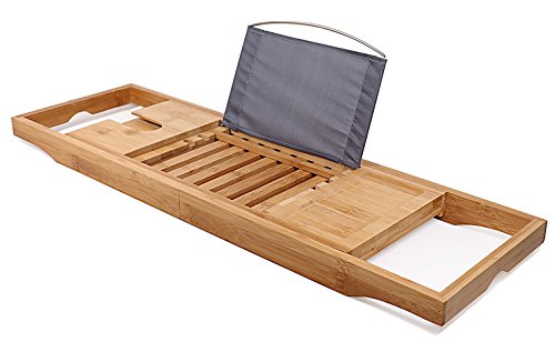 DOZYANT Bamboo Bathtub Tray Caddy Wooden Bath Tray Table DOZYANT Bamboo Bathtub Tray Caddy Picket Bathtub Tray Desk with Extending Sides, Studying Rack, Pill Holder, Cellphone Tray and Wine Glass Holder.