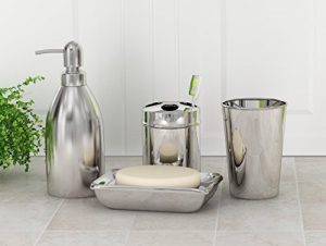 nu steel Gloss Stainless steel Bath Accessory Set for Vanity Countertops, 4 piece Luxury ensemble in Gloss Includes Dish, Toothbrush Holder, Tumbler, soap and Lotion Pump, Shiny/Brushed Steel