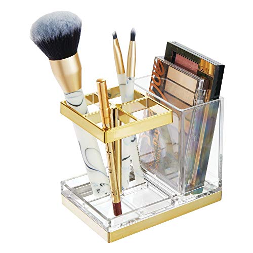 mDesign Decorative Plastic Bathroom Toothbrush and Toothpaste mDesign Ornamental Plastic Toilet Toothbrush and Toothpaste Stand Holder - Dental Organizer with 5 Storage Compartments for Toilet Self-importance Counter tops and Drugs Cupboard - Clear/Tender Brass.