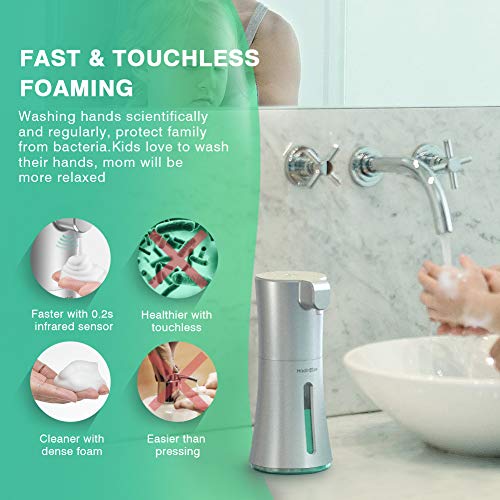 Touchless Foaming Soap Dispenser: The Future of Hand Hygiene Elevate your hand hygiene to the next level with the HadinEEon Touchless Foaming Soap Dispenser. This marvel of technology combines convenience, speed, and hygiene to offer you a premium hand-washing experience. Imagine receiving a dollop of dense, luxurious foam soap in a mere 0.2 seconds, all thanks to its precise infrared motion and PIR sensor detection technology. Not only does it save you time and water, but it also ensures the highest level of hygiene. The HadinEEon dispenser boasts a generous 350ml/12oz capacity, which means that for a family of three using it three times a day, it can last for a remarkable three months without needing a refill. No more constantly topping up the dispenser! The visible window lets you know exactly when it's time for a refill, so you never run out of soap when you need it most. Incorporating an IPX3 waterproof design and a leak-proof base structure, this soap dispenser is a perfect fit for wet areas like your bathroom or kitchen sink. Bid farewell to worries about water damage or accidental contact with germs on a hand soap pump, for the HadinEEon is completely touch-free. Make your daily hand-washing routine not just efficient, but also a touch of elegance. Choose the HadinEEon Touchless Foaming Soap Dispenser and say goodbye to hand hygiene worries. 🌟 Premium Hand Hygiene: The HadinEEon Touchless Foaming Soap Dispenser revolutionizes hand hygiene. With speedy 0.2-second foaming and an elegant design, it elevates your hand-washing experience. 💧 Hygienic Dense Foam: Experience the convenience of dense, luxurious foam soap dispensed in the blink of an eye. The precise infrared motion sensor technology ensures the highest level of hygiene.