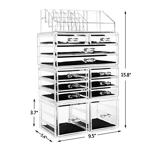 Makeup Organizer with 12 Drawers - Effortless Beauty Storage and Jewelry Display This versatile four-piece set, measuring 9.5" x 5.4" x 15.8", is a makeup lover's dream. With a large capacity comprising two large drawers, two center drawers, eight small drawers, and 16 top compartments, this organizer accommodates at least 18 makeup brushes, 18 lipsticks, 15 nail polishes, 15 eyeliners, 6 large eyeshadow palettes, and more. Keep your cosmetics neat and tidy with the durable clear acrylic that effortlessly matches any decor, providing a clear view of your collection. Ample Storage: 📦 With 12 drawers and multiple compartments, this organizer offers ample storage space to neatly arrange and organize makeup essentials, ensuring everything is easily accessible.