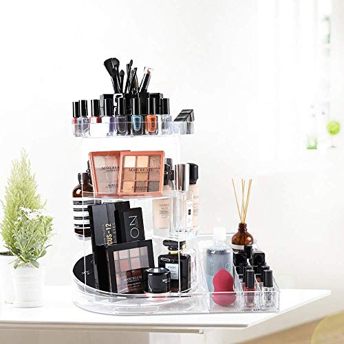 SUNFICON Large Makeup Organizer Makeup Storage Tray Rotating Cosmetic Holder 360 Spin Makeup Carousel Display Case Stand Caddy Vanity Bathroom Bedroom Countertop Birthday Christmas Gift Acrylic Clear