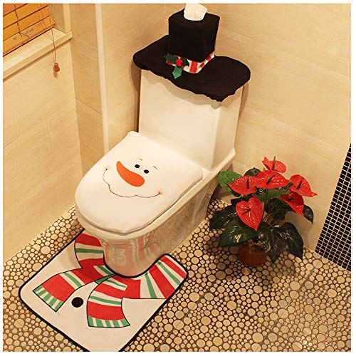 Christmas Toilet Seat Cover and Rug Set Tank Lid Covers Tissue Box Cover Xmas Decorations Funny Bathroom Santa Claus Snowman Elf Festival Decor for Home Hotel Holiday Party Supplies Pack of 3 Snowman