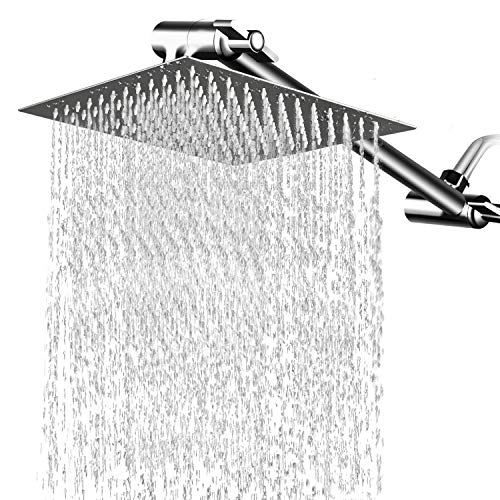 8 Inches Square Rain Showerhead with 11 Inches Adjustable Extension Arm, Large Stainless Steel High Pressure Shower Head,Ultra Thin Rainfall Bath Shower with Silicone Nozzle Easy to Clean and Install