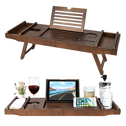 Bamboo Bathtub Caddy Tray with Extending Sides & Laptop Desk with Foldable Legs,Cellphone iPad Tray and Wineglass Holder，Free Soap Holder
