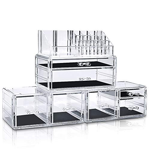 InnSweet 4 Pieces Makeup Organizer Cosmetic Storage Drawers and Jewelry Display Box, Acrylic Makeup Holders with 7 Drawers, Transparent