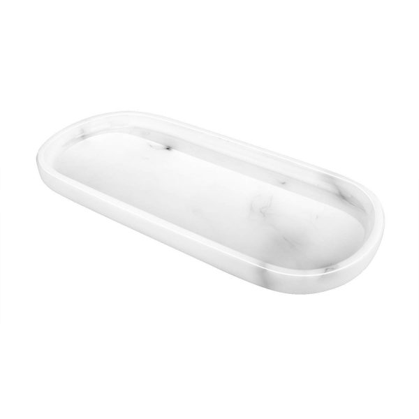 Emibele Jewelry Organizer Oval Resin Tray, Bathroom Kitchen Dresser Vanity Tray Jewelry Dish Ring Holder Cosmetic Organizer for Candle Perfume Soap Shampoo Small Plant Home Decor - Marble White
