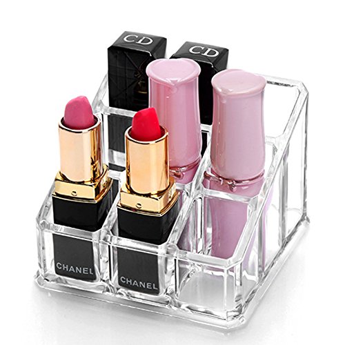Sooyee 9 Compartments Clear Acrylic Small Lipstick and Lip Gloss Holder Makeup Brushes Nail Polish and Bottles Organizer Rack Highest Quality Cosmetic Display Cases Countertop 3.5 x 3.5 x 2.5 inches