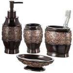 Creative Scents Dublin Bathroom Accessories Set, Bathroom Decor Sets Accessories Includes Soap Dispenser, Bar Soap Dish, Tumbler, and Toothbrush Holder for Your Vanity Countertop (Brown)