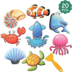 20 Pieces Non-Slip Bathtub Stickers Sea Creature Decal Treads Kids Adhesive Anti Slip Applique Safety Shower Floor Stickers for Bathroom Shower and Bath Tub with Scraper