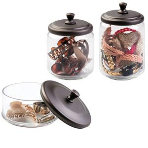 mDesign Glass Apothecary Canister Jar for Bathroom Vanity Countertops - Makeup and Hair Accessory Storage Holders - Organize Combs, Clips, Barrettes, Bobby Pins - Set of 3, Varied Sizes - Clear/Bronze