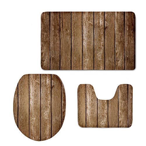 CHAQLIN Styilsh Wood Pattern 3 Pcs/Set Bathroom Carpet Toilet Floor Rug Tank Top Toilet Lid Cover for Washroom