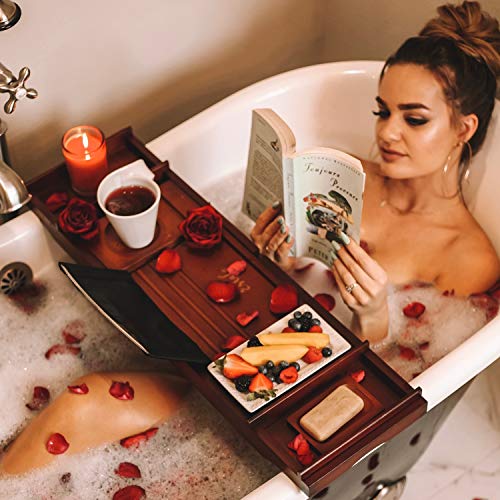 Estala Bamboo Bathtub Tray Bathroom Caddy – Durable Bath Tub Organizer with Nonslip Bottom & Extendable Sides – Book, Tablet, Phone & Wine Glass Holder and Soap Dish (Brown)