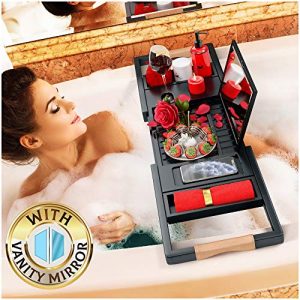 Your Majesty Premium Black Bamboo Bathtub Tray Caddy [with Mirror] 1-2 Adults Expandable Bath Tray, Beautiful Gift Box, Fits Any Tub - Holds Book, Wine, Phone, Ipad, Laptop - Free Bathroom Door Hanger