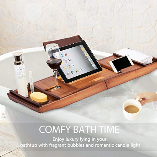 VIVOHOME Expendable Bamboo Bathtub Caddy Tray Bath Accessories VIVOHOME Expendable Bamboo Bathtub Caddy Tray Bathtub Equipment with Cellphone Pill and Wine E-book Holder Brown.