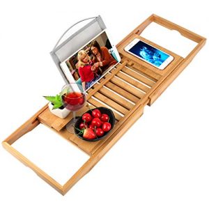 oobest Bathtub Tray Bamboo Bathtub Caddy Tray with Extending Sides Adjustable Book Holder with Premium Luxury Tray Organizer for Phone and Wineglass (Natural Bamboo Color)