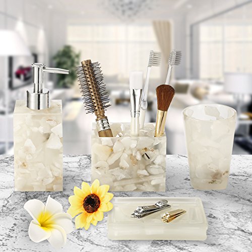AIMONE Bathroom Accessory Set, Natural White AIMONE Rest room Accent Set, Pure White Marble Inside Tub Reward Set of 4 Items, Contains Cleaning soap Dispenser, Toothbrush Holder, Tumbler, Cleaning soap Dish - Excessive Class House Decor Reward.