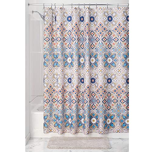 mDesign Decorative Medallion Print, Easy Care Fabric Shower Curtain mDesign Ornamental Medallion Print, Simple Care Material Bathe Curtain with Bolstered Buttonholes, for Lavatory Showers, Stalls and Bathtubs, Machine Washable - 72" x 72", Tan/Shades of Blue.